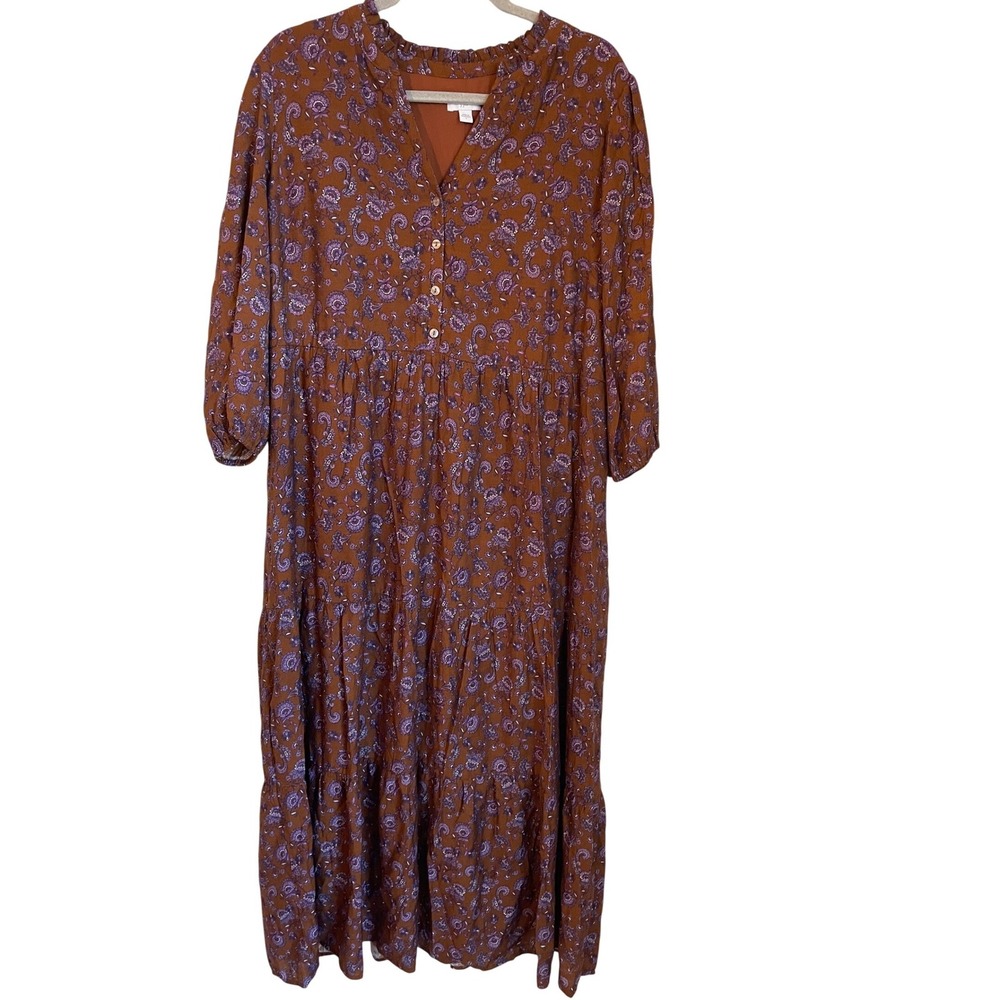 J.Jill Size L Brown Purple Paisley Tiered Maxi Dress Boho Peasant Prairie